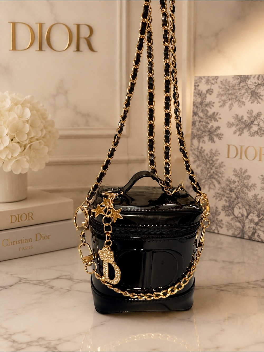 Dior Black Patent Mini Vanity Bag with Gold Hardware